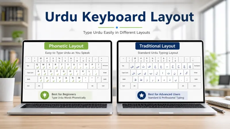 Comparison chart of different Urdu Keyboard Layout standards like Phonetic and Traditional layouts.