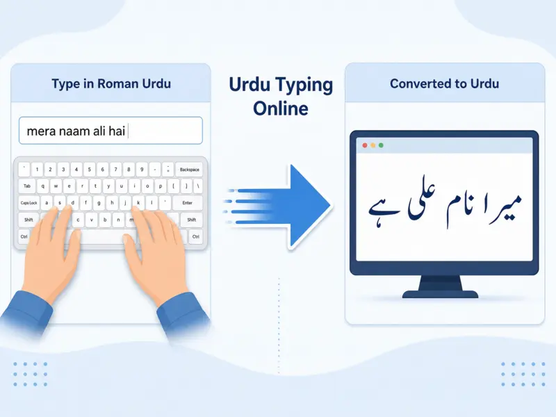 Illustration of Roman Urdu to Urdu script conversion process for Urdu Typing Online.
