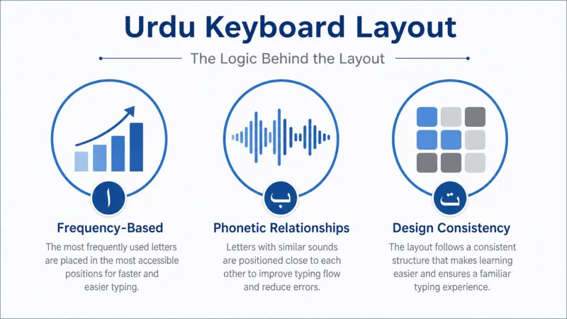 Infographic explaining the design logic of the Urdu Keyboard Layout including frequency and phonetics.