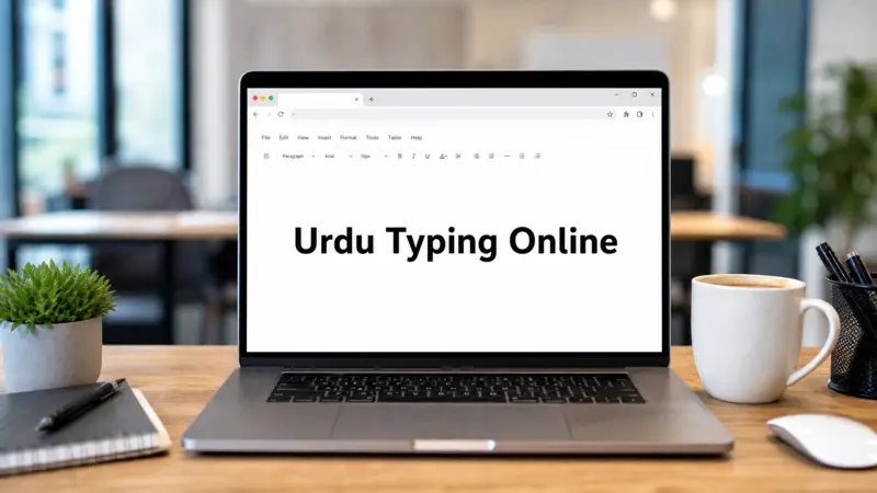 laptop workspace showing Urdu Typing Online software on a web browser.