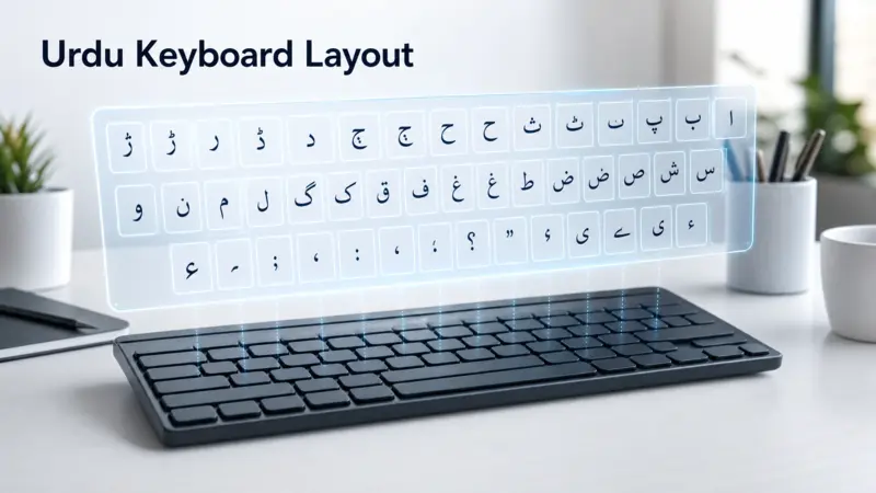A visual diagram of the Urdu Keyboard Layout showing character mapping on a standard keyboard.