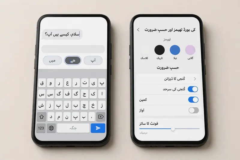 Two phones comparing Urdu keyboard prediction and themes