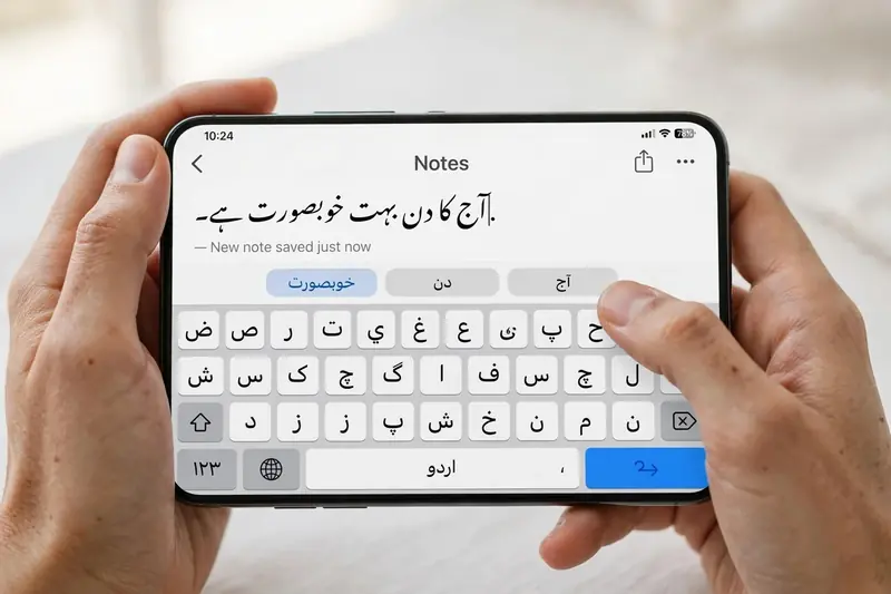 Typing Urdu in notes app with Urdu phonetic keyboard on smartphone