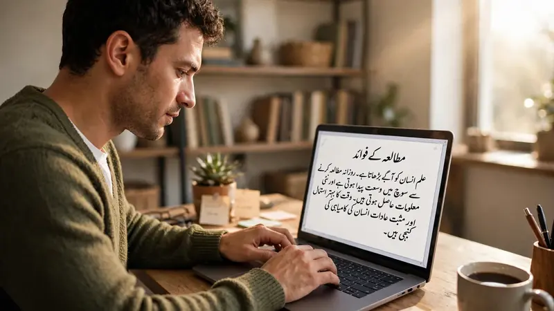 Person practicing how to type in Urdu on a laptop