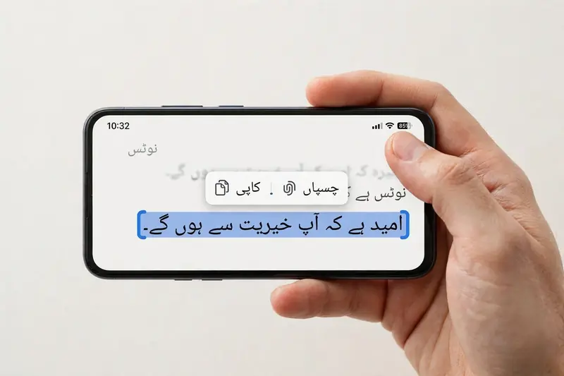 Selecting and copying Urdu text on a smartphone screen