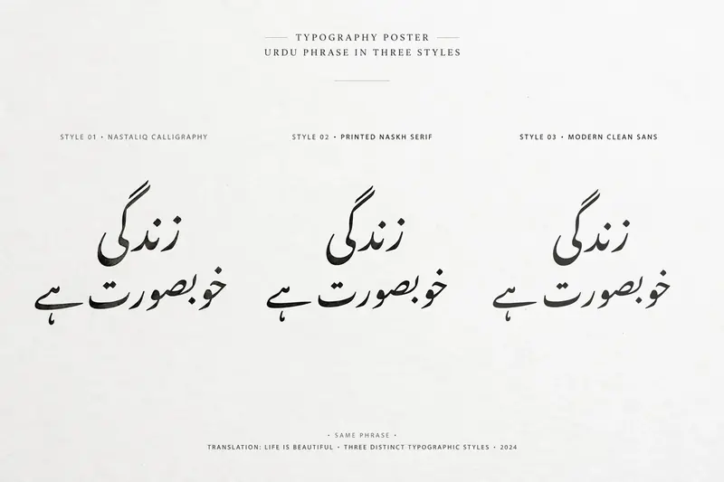 Same Urdu phrase in Nastaliq Naskh and modern font styles