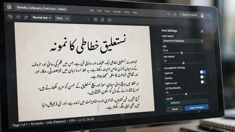 Document with Urdu Nastaliq calligraphy and font settings