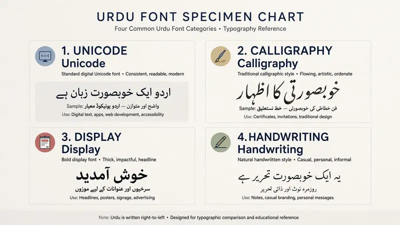 Urdu font specimen chart with Unicode calligraphy display and handwriting categories