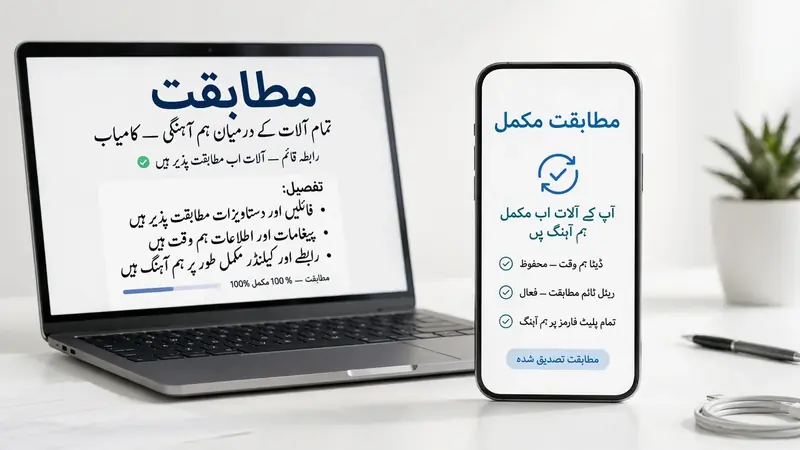 Laptop and smartphone displaying Urdu text in different fonts