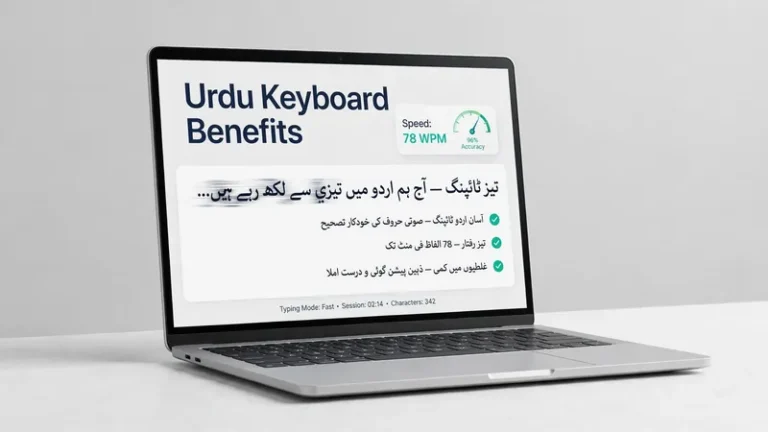 Laptop showing Urdu keyboard benefits with typing speed and accuracy stats