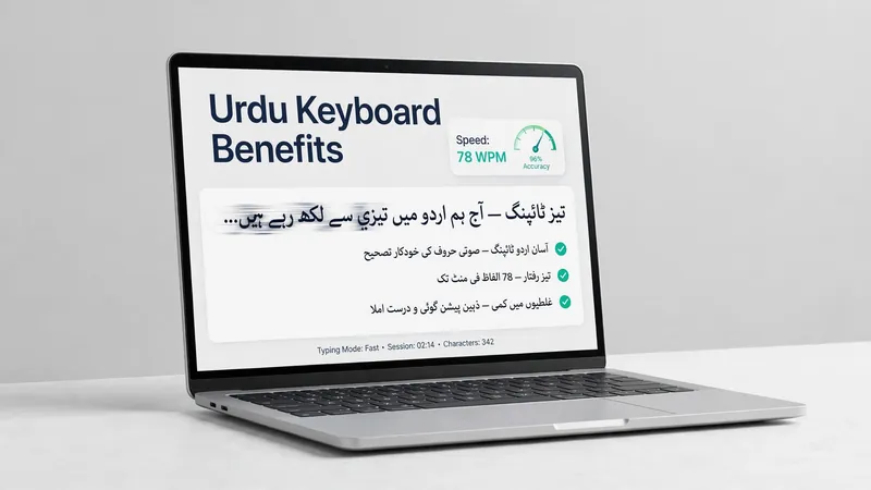 Laptop showing Urdu keyboard benefits with typing speed and accuracy stats