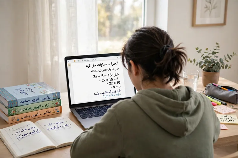 Student studying with Urdu textbooks and a laptop showing Urdu text