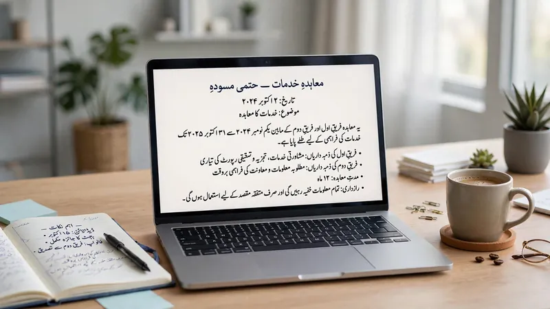 Office laptop displaying a formal document written in Urdu script