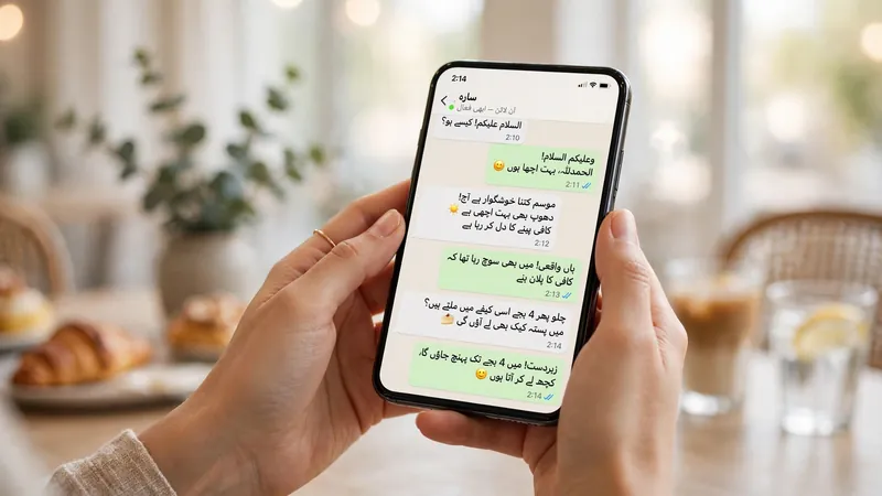 Hands holding a smartphone showing an Urdu chat conversation