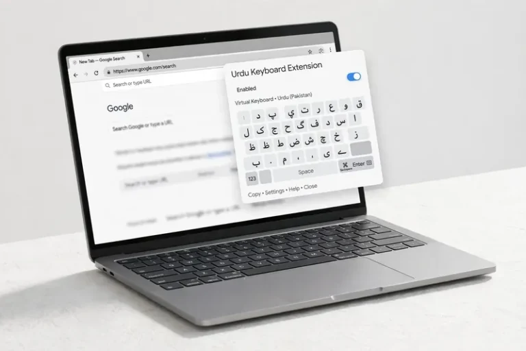 Urdu keyboard extension popup with Urdu keyboard layout on laptop browser
