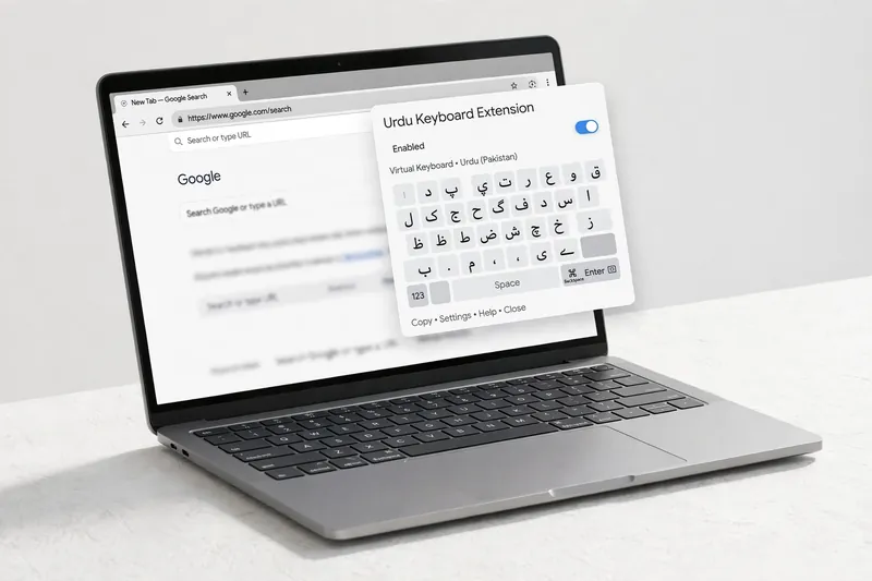 Urdu keyboard extension popup with Urdu keyboard layout on laptop browser