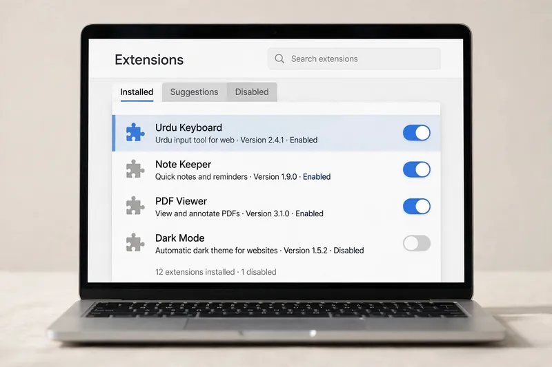 Browser extensions page with Urdu Keyboard extension enabled