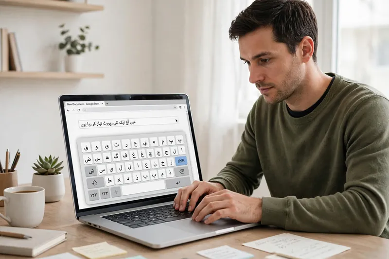 Man typing Urdu in a browser document using keyboard extension