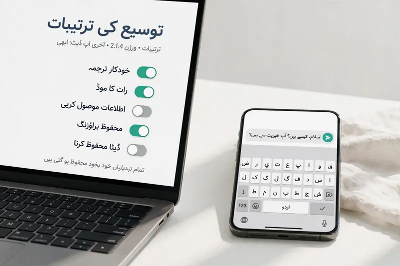 Laptop and smartphone showing Urdu keyboard extension settings