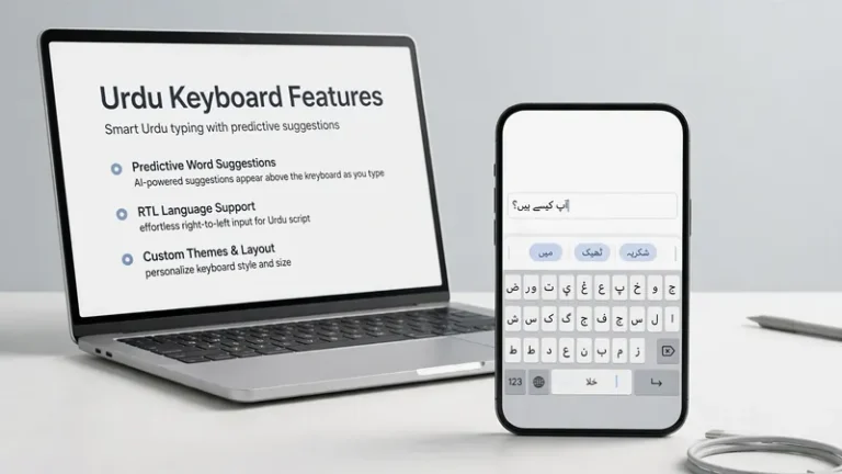 Laptop and phone showing Urdu keyboard features with word predictions
