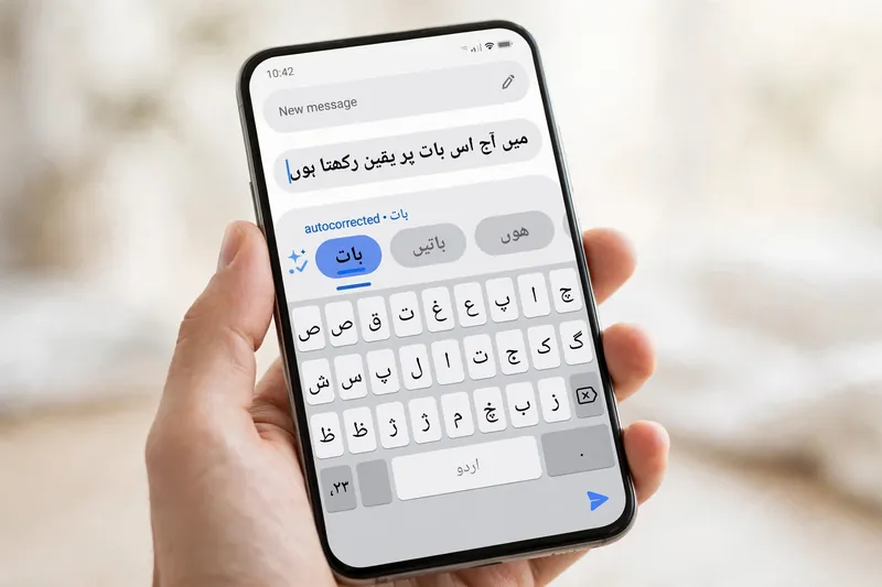 Hand holding a phone showing Urdu autocorrect and word suggestions