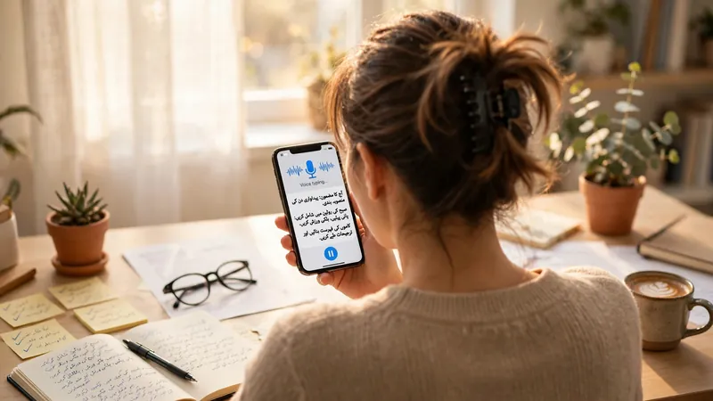 Person using voice typing to transcribe Urdu text on a phone