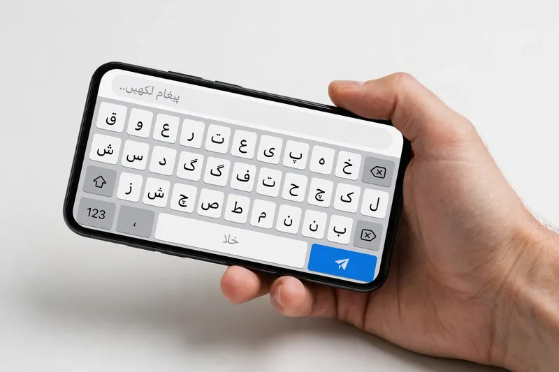 Hand holding smartphone showing Urdu keyboard for Android with Urdu keys