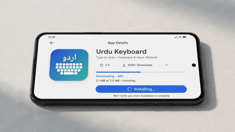 Android phone installing Urdu Keyboard app from app details screen