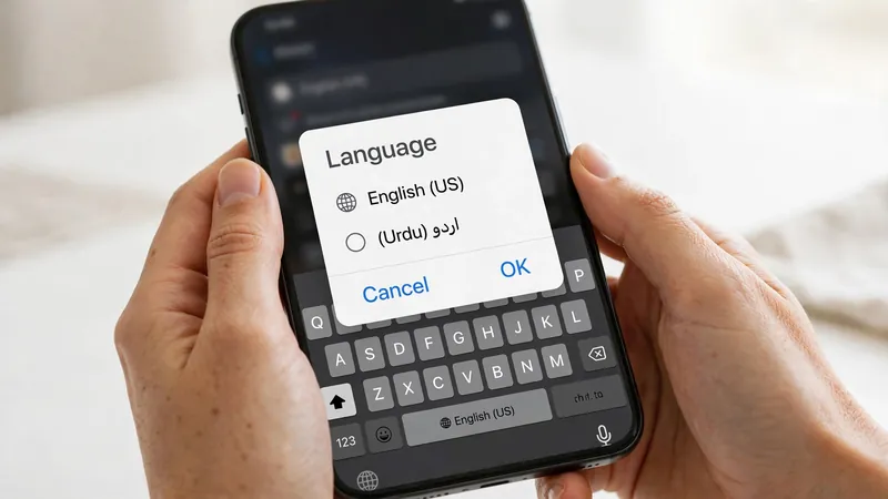 Hands switching smartphone keyboard language to Urdu on Android