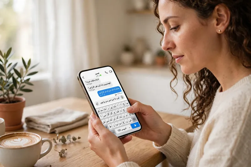 Woman typing Urdu chat messages on Android smartphone