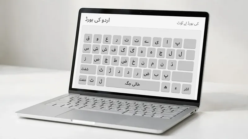 Silver laptop showing Urdu keyboard for Mac with Urdu script keys