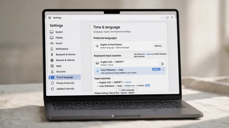 Laptop settings showing Urdu Pakistan keyboard input source being added