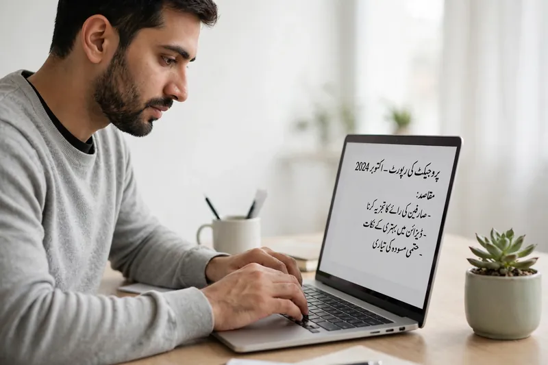 Man typing Urdu document on MacBook laptop in bright workspace