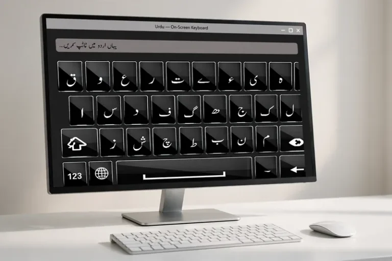 Desktop monitor displaying on-screen Urdu keyboard for PC