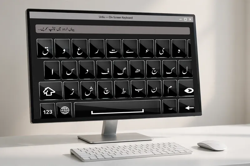 Desktop monitor displaying on-screen Urdu keyboard for PC