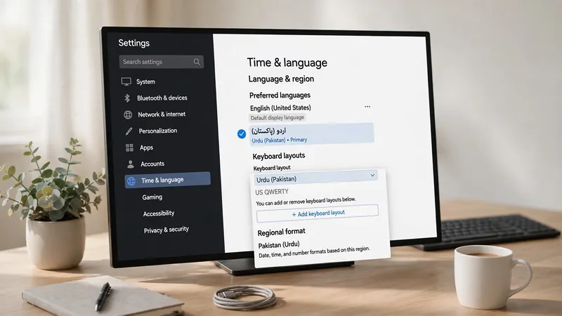 PC settings showing Urdu Pakistan language and keyboard layout options