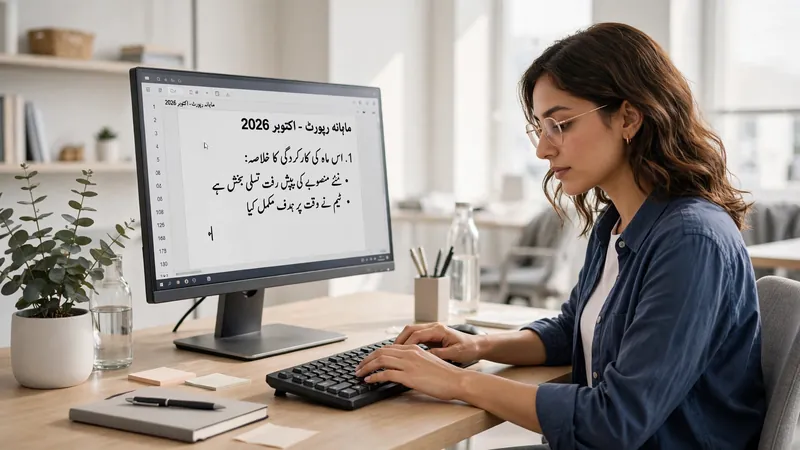 Woman typing Urdu document on desktop PC in office