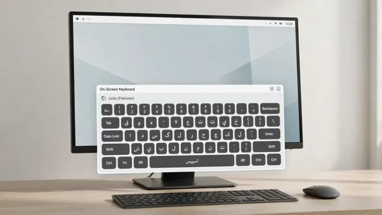 Desktop monitor showing on-screen Urdu keyboard for Windows with Urdu keys