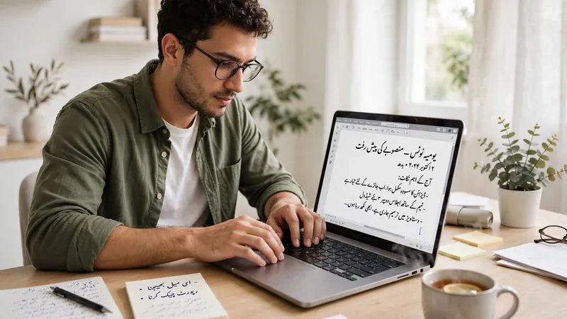 Man typing Urdu notes on Windows laptop in home office