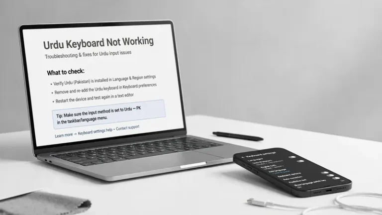 Laptop showing an Urdu keyboard troubleshooting guide with fix checklist