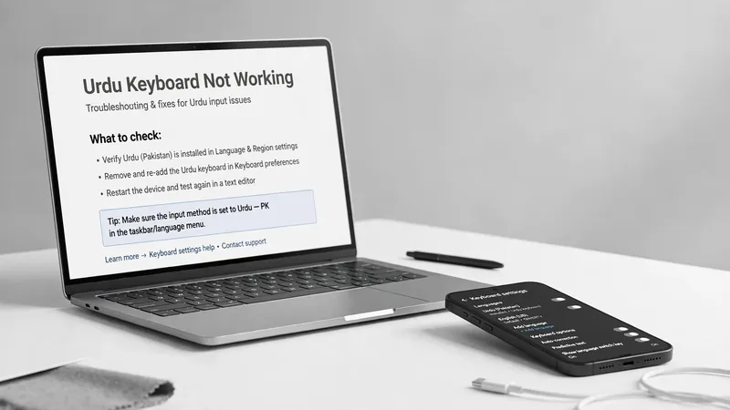 Laptop showing an Urdu keyboard troubleshooting guide with fix checklist