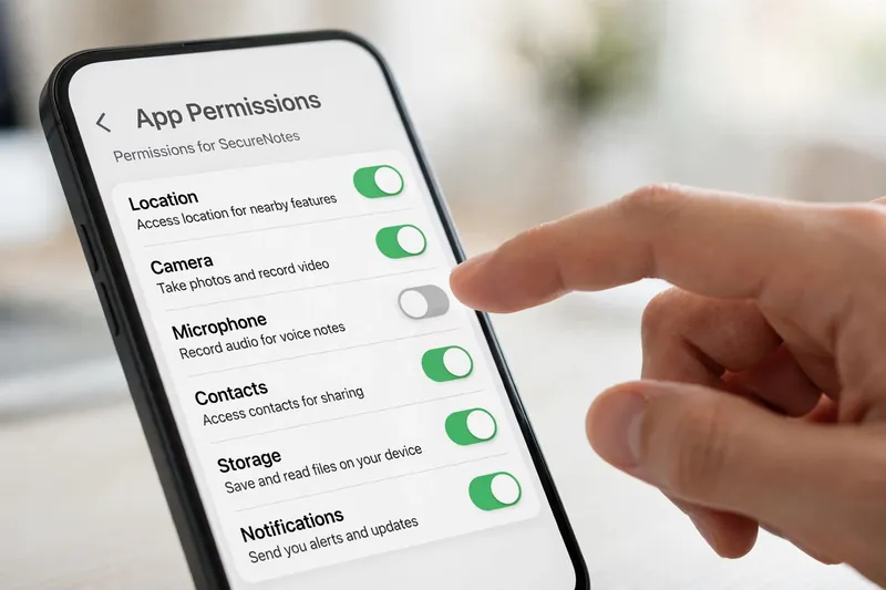Smartphone showing app permissions screen with toggle switches