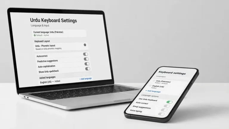 Laptop and phone showing Urdu keyboard settings with language options