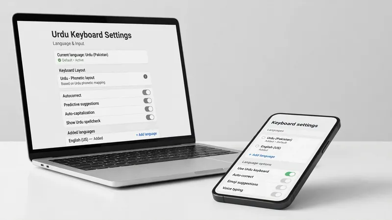 Laptop and phone showing Urdu keyboard settings with language options