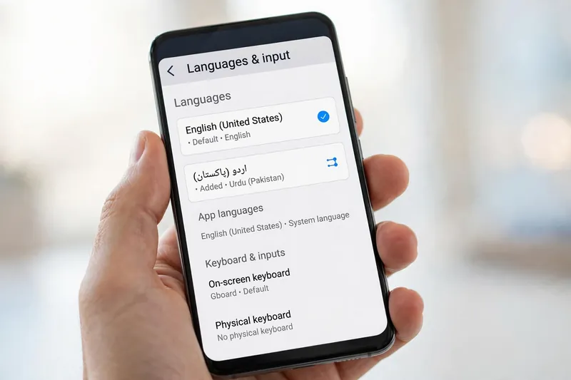Hand holding a phone showing languages and input settings with Urdu added