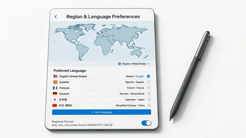 Tablet showing region and language preferences with a world map