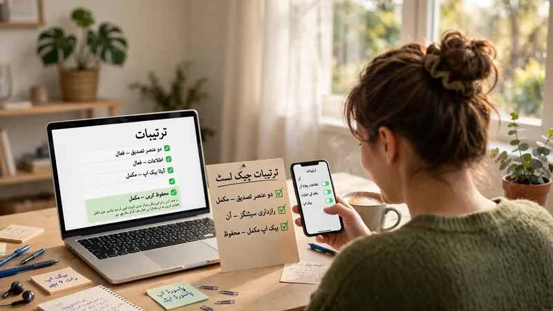 Person checking off an Urdu settings checklist on laptop and phone