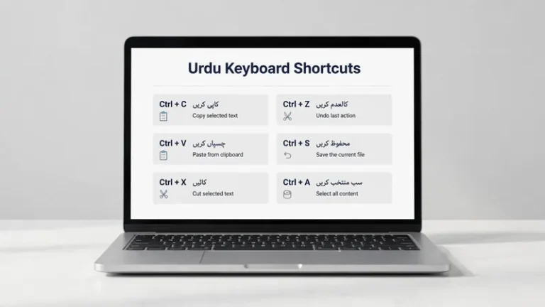 Laptop showing an Urdu keyboard shortcuts cheat sheet with Ctrl key combinations