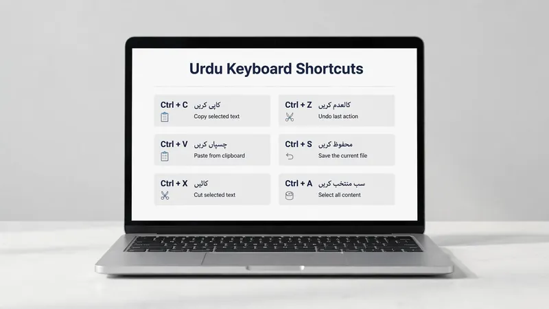 Laptop showing an Urdu keyboard shortcuts cheat sheet with Ctrl key combinations