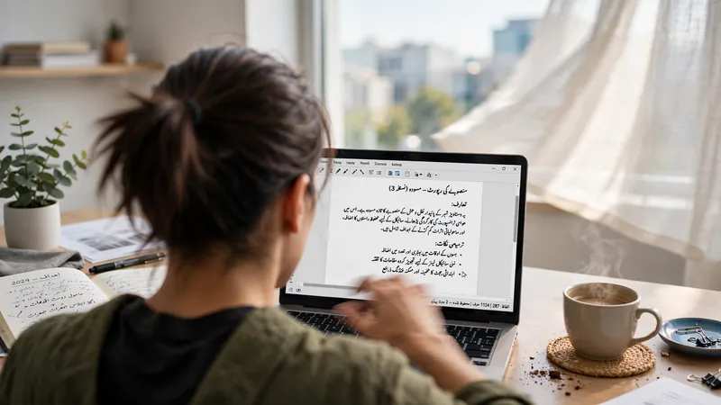 Person editing an Urdu document on a laptop